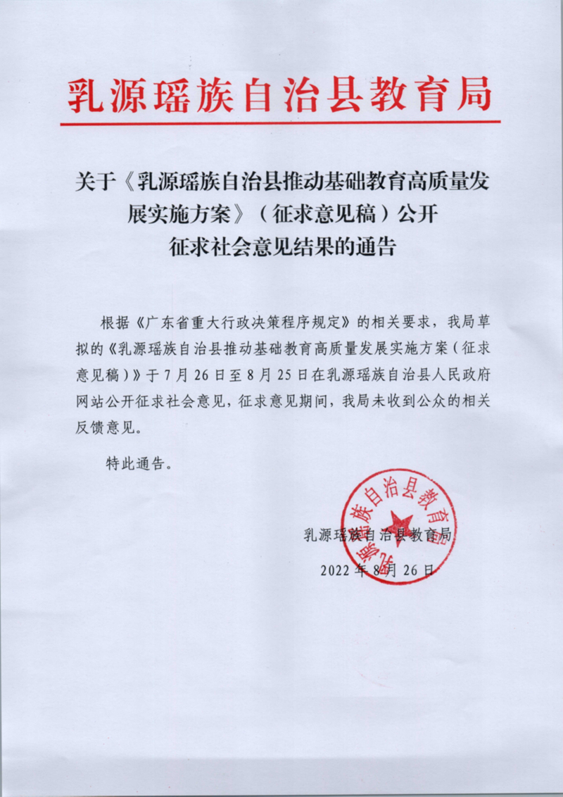 關于《乳源瑤族自治縣推動基礎教育高質量發展實施方案》（征求意見稿）公開征求社會意見結果的通告0000.jpg