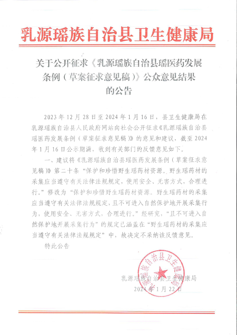 定-意見反饋：關于公開征求《乳源瑤族自治縣瑤醫藥發展條例（草案征求意見稿）》公眾意見結果的公告（有修改意見）0000.jpg